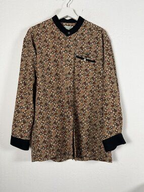 Vintage Crocodile Original 105 Mens Shirt Mandarin Collar Geometric Mosaic Brown